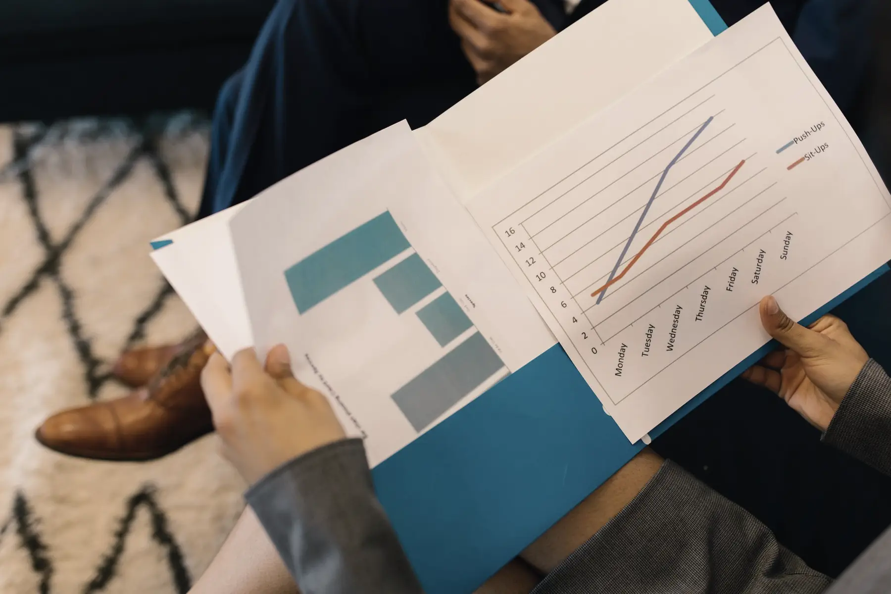 A printed performance report being reviewed at a meeting table